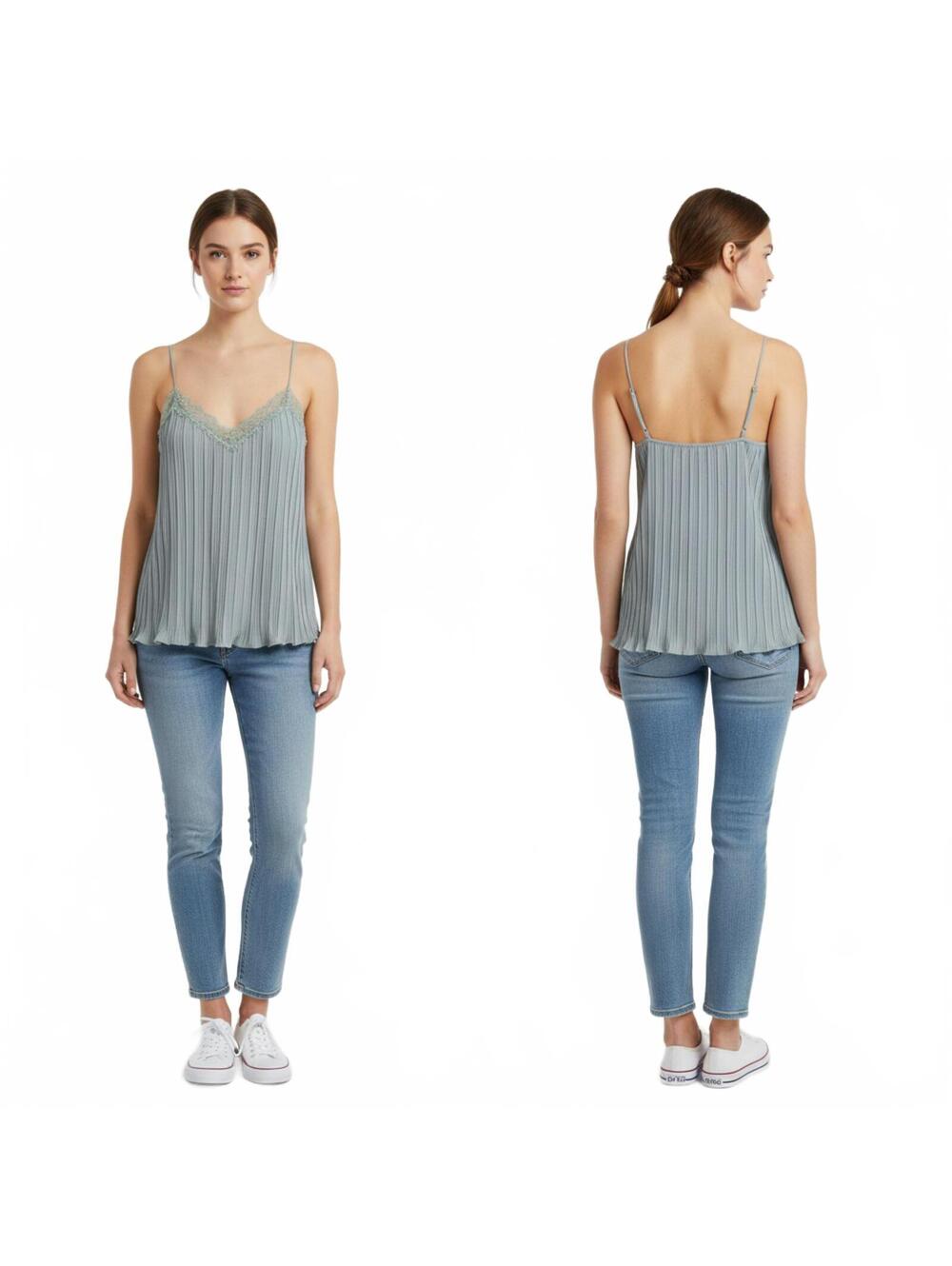 Cami Top Lace Trim Pleated Sleeveless Blouse Blue Size S